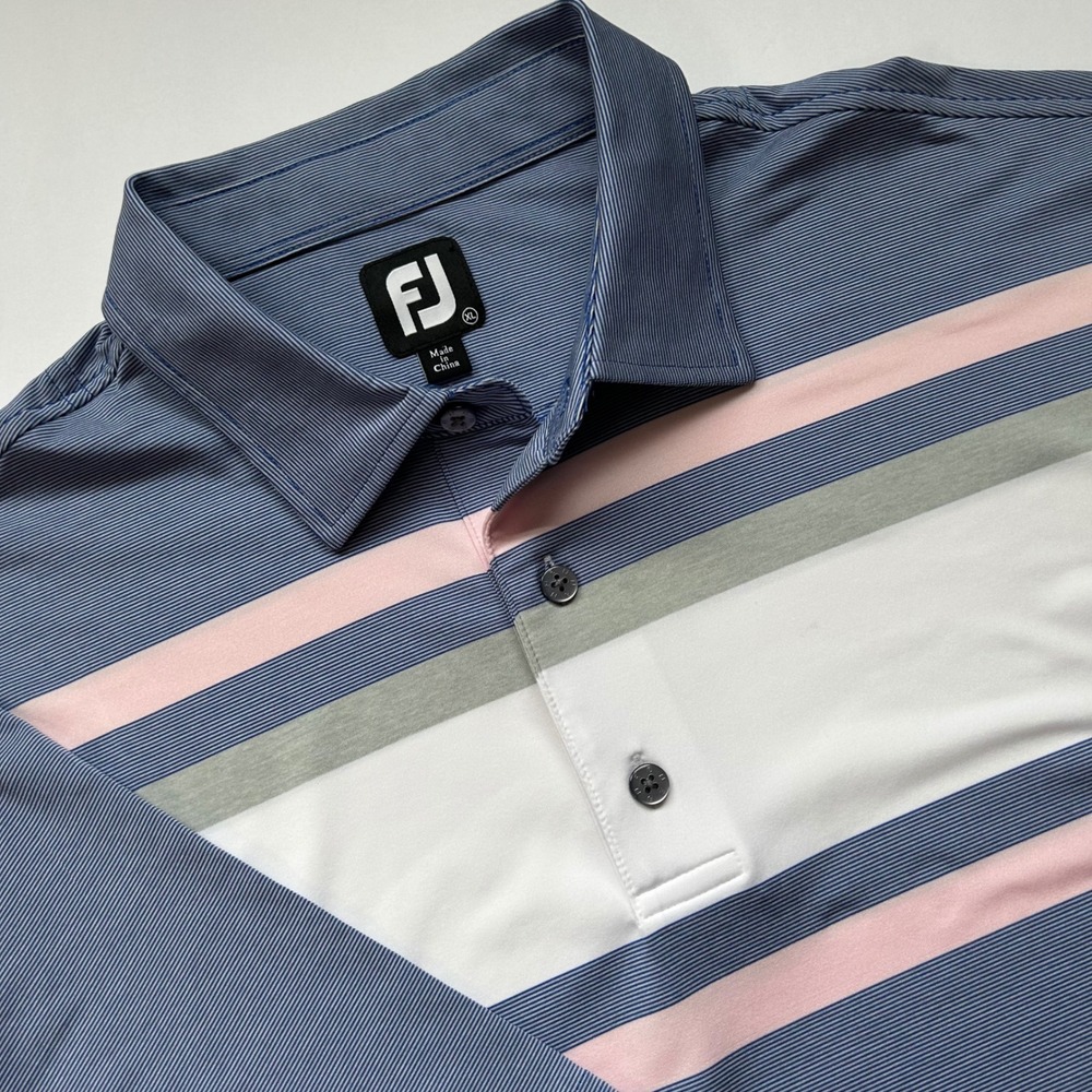 FootJoy Mens XL Blue Pink Striped Performance Golf Polo Shirt 26034 Short Sleeve